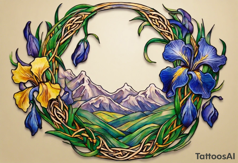 Create a small, colorful Vincent van Gogh Irises tattoo in the form of a crescent, with vines in Celtic knot style gracefully intertwining at a central point in the middle of the wreath. The intended placement is on the upper chest. The middle needs mountains. The overall design should be small in size while maintaining a delicate and artistic aesthetic. Pay attention to the graceful flow of the vines and the placement of the irises to achieve a refined and elegant look. tattoo idea