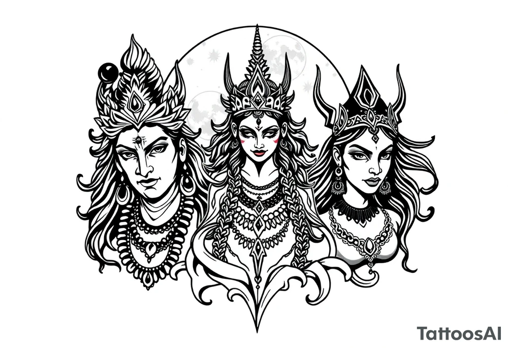 Lord Shiva, Godess Kali, Godess Lilith with the moon phases in the background tattoo idea