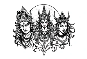 Lord Shiva, Godess Kali, Godess Lilith with the moon phases in the background tattoo idea