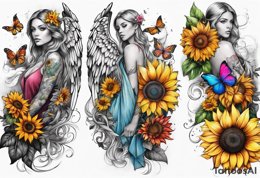 arm sleeve with angel wings and rainbow sunflowers and butterflies tattoo idea