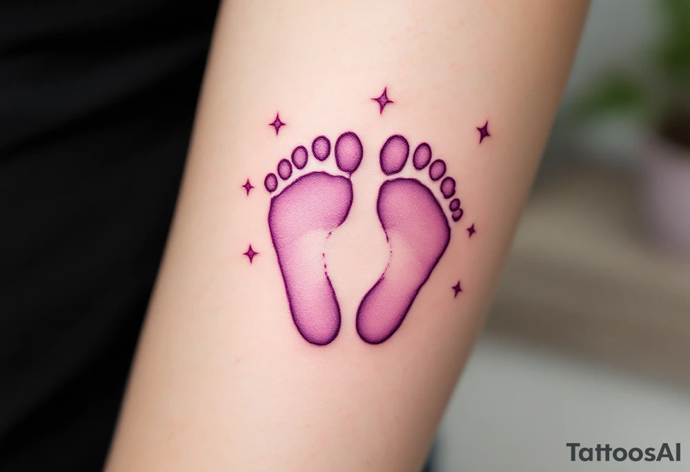 Pink and soft purple footprints of little Eli, with delicate stars around the prints to represent her innocence and joy. tattoo idea