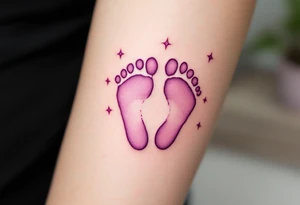 Pink and soft purple footprints of little Eli, with delicate stars around the prints to represent her innocence and joy. tattoo idea