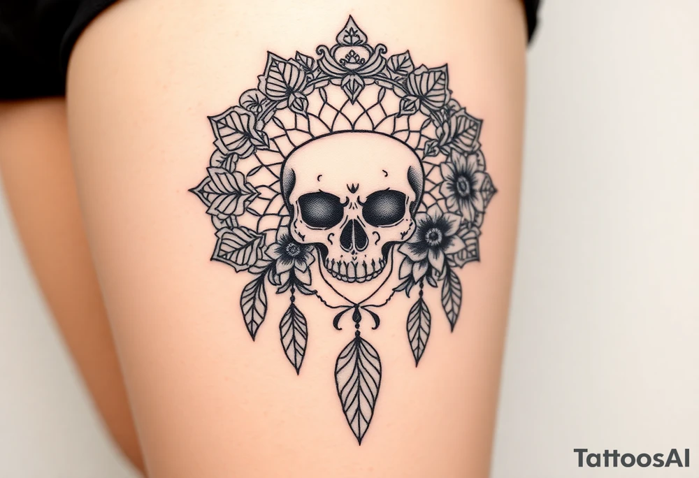 Mandala dream catcher lace with delicate skull and flowers wearing elegant crown tattoo idea