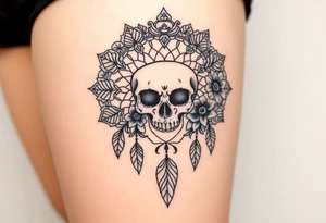 Mandala dream catcher lace with delicate skull and flowers wearing elegant crown tattoo idea