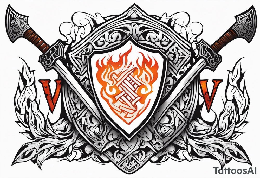 valhalla on fire sword shield axe warrior tattoo idea