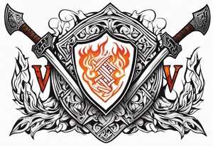 valhalla on fire sword shield axe warrior tattoo idea