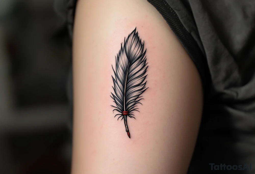 A single eagle feather in gray and black, tied with a red leather strand. tattoo idea