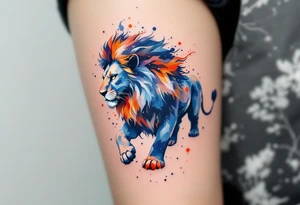 A fierce lion outlined in stardust white roams across a watercolor canvas of midnight blues and fiery oranges. tattoo idea