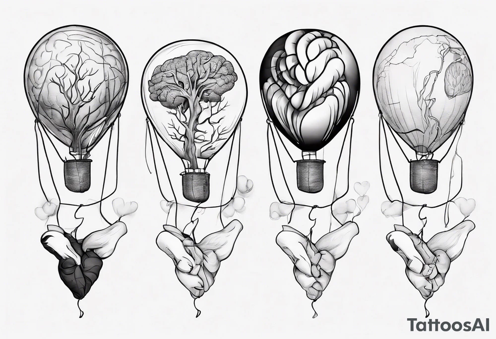 A simple line design anatomical heart and anatomical brain tied with balloon string being held by a woman's hand tattoo idea
