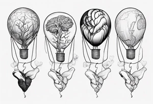 A simple line design anatomical heart and anatomical brain tied with balloon string being held by a woman's hand tattoo idea