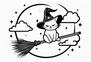 a chibi cat with a witch hat sitting on a broom. On the background there are clouds and a crescent moon. Minimalist black and white line art. tattoo idea