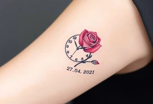 A delicate rose intertwined with clock hands, marking the exact birth time and name "Kevin" and date 27. 04. 2021, in deep red, blush pink, and soft grays tattoo idea