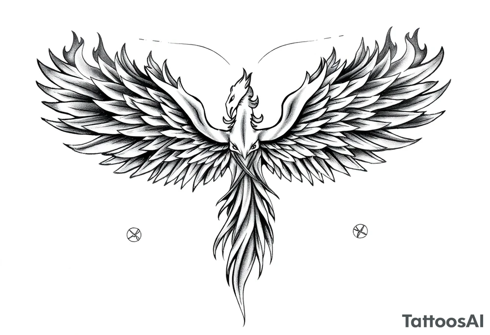 Realistic and symmetrical flaming Phoenix rebirth with spread wings in a down motion surrounded by fire mapped onto chest only.
Phoenix head must be in the middle of the chest, straight and symmetrical.
Fire should be surrounding spread wings
Wings should be spread down only on pectoral muscle towards nipples. tattoo idea