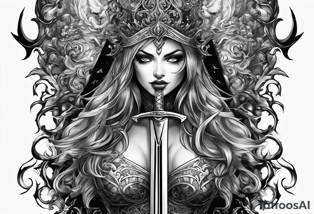 the goddess nemesis sword scary blood hell tattoo idea