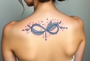 infinity symbol woven with floating feathers and stardust tattoo idea