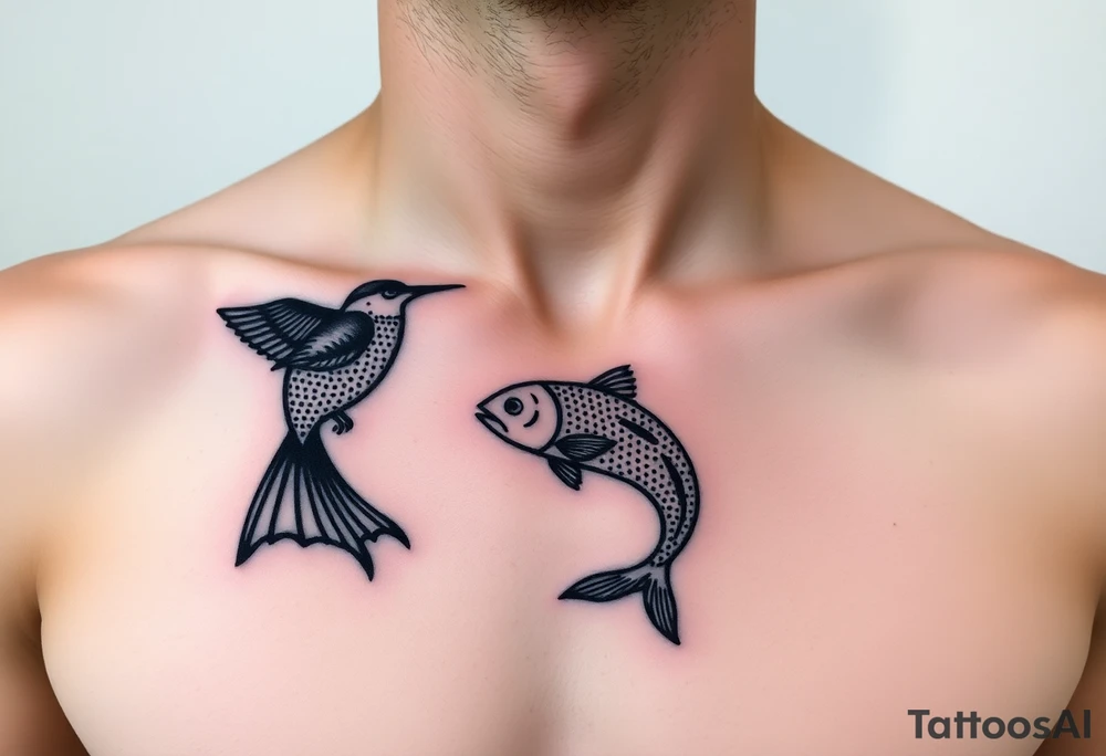 small bird and fish tattoo, for chest, man. not many details. a lot of black color tattoo idea