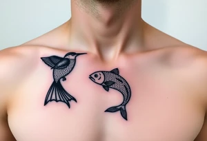 small bird and fish tattoo, for chest, man. not many details. a lot of black color tattoo idea