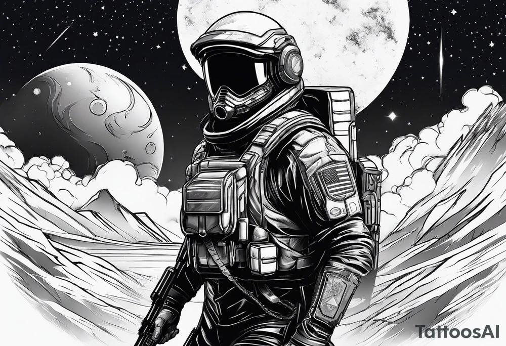 N7 Soldier in place on a planet with the cosmos in the background tattoo idea