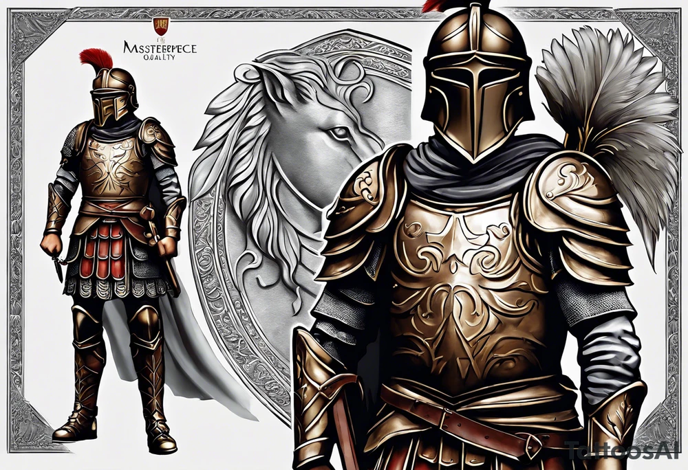 a roman soldier from AD 60, wearing armor which must include an armoured belt, breastplate, armoured shoes, shield, helmet and sword.
the soldier must look strong. the soldier is faceless. The image must include the full person, not just the top half tattoo idea