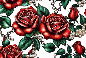 Red roses with a chain made of pearls and seashells tattoo idea