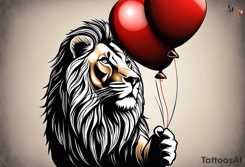 tattoo design should be in the layout of the famouse picture"small princ"  where it should remind me that I survived,and my life was saved by my husband, and he should be represented in the tattoo as a young lion holding a balloon held in the muzzle.
The baloon which is red and in Hearth shape. The whole body of lion should be visible and more abstract not so realistic.The lion is holding the string of the baloon in the muzzle. The string from the balloon should have a heartbeat pulse.The baloon should be red colored, and the rest of the image should be black only. tattoo idea