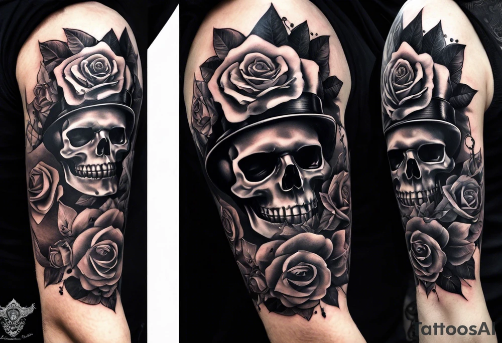 Full arm sleeve incorporating the four aces in a deck of cards, skulls, daggers, roses, thorns and the names: Ace, Willow, and Rider. Background is smoke. tattoo idea