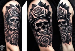 Full arm sleeve incorporating the four aces in a deck of cards, skulls, daggers, roses, thorns and the names: Ace, Willow, and Rider. Background is smoke. tattoo idea