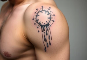 A solar system with the stars falling into a waterfall and turning into rain drops tattoo idea