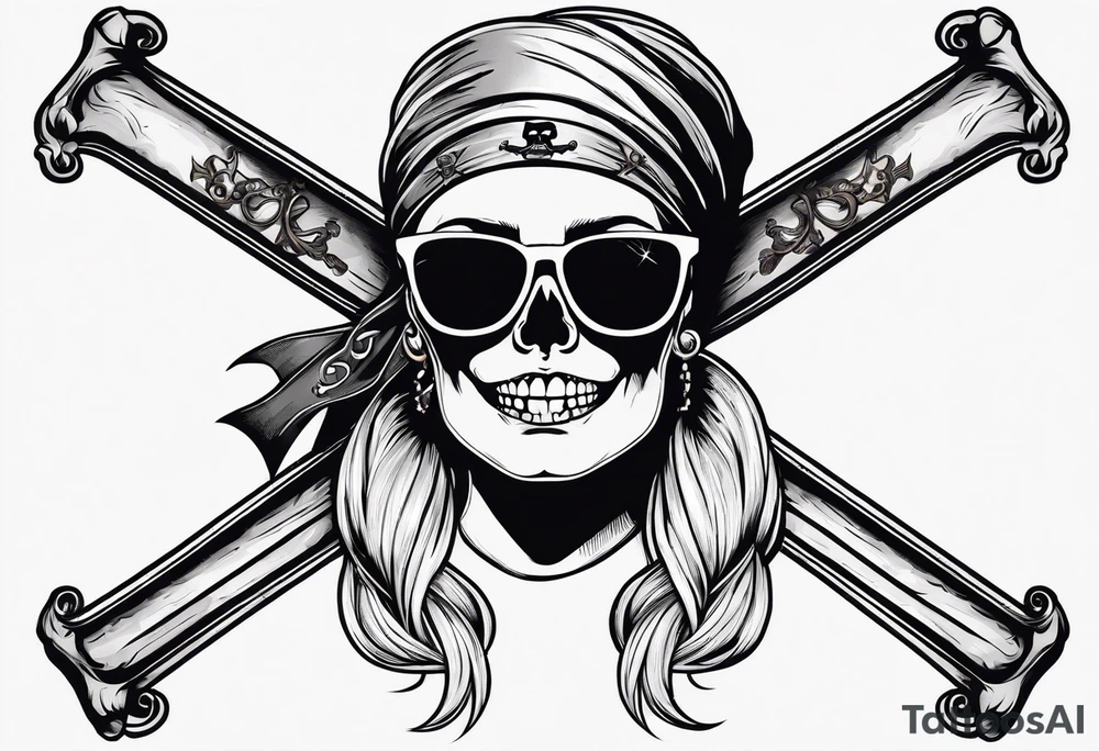 pirate flag with a female skull wearing glasses with two blonde buns and crossbones underneath, no hat tattoo idea