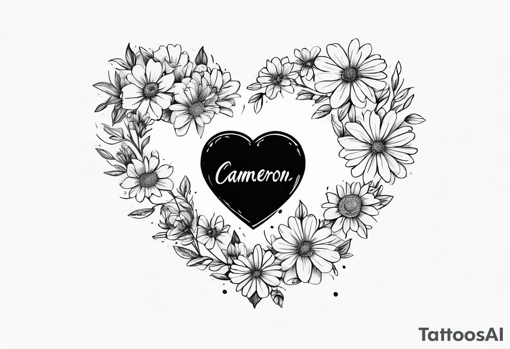 aster flowers shaping a heart with the name Cameron used to draw the heart and the time 8:34am written in words tattoo idea