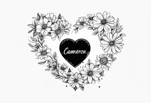 aster flowers shaping a heart with the name Cameron used to draw the heart and the time 8:34am written in words tattoo idea