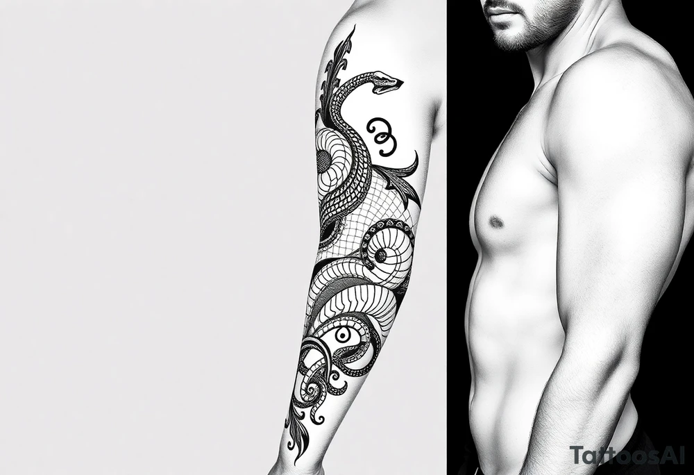 Sicilian Forearm tribal sleeve with patterns and symbols with snake scales tattoo idea