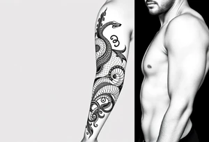 Sicilian Forearm tribal sleeve with patterns and symbols with snake scales tattoo idea