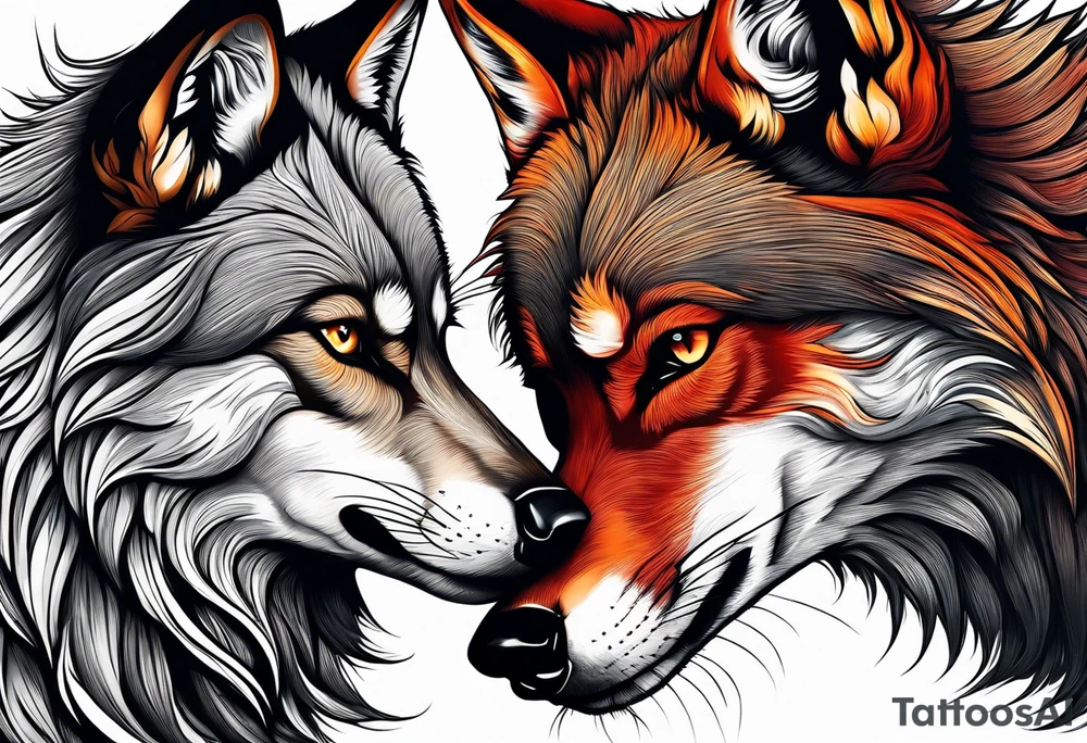 Black wolf and red fox nuzzling tattoo idea