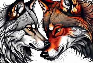 Black wolf and red fox nuzzling tattoo idea