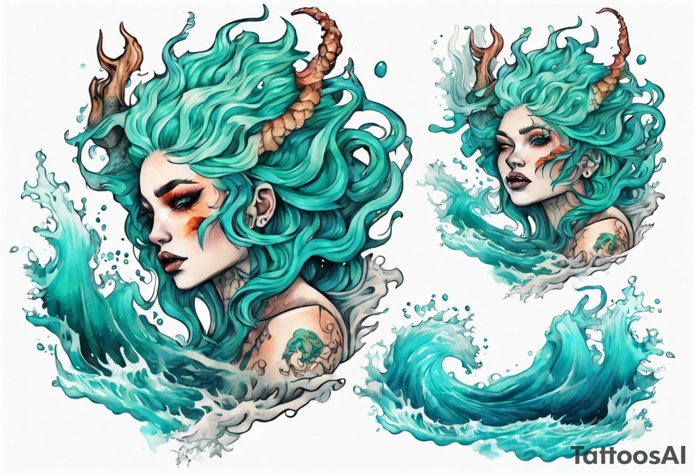 a beautiful female sea demon with turquoise hair standing in the sea surrounded by crashing waves tattoo idea