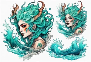 a beautiful female sea demon with turquoise hair standing in the sea surrounded by crashing waves tattoo idea