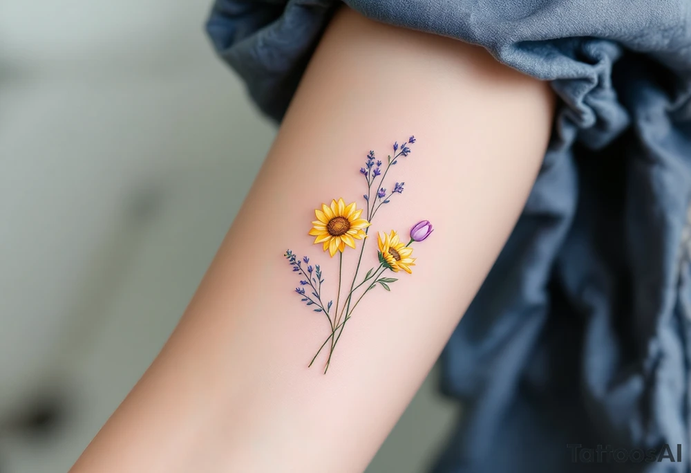 small yellow sunflowers and sunflower buds and pale purple tulip buds in a dainty wildflower bouquet with light green stems. Low detail. tattoo idea