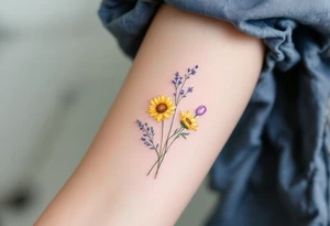 small yellow sunflowers and sunflower buds and pale purple tulip buds in a dainty wildflower bouquet with light green stems. Low detail. tattoo idea