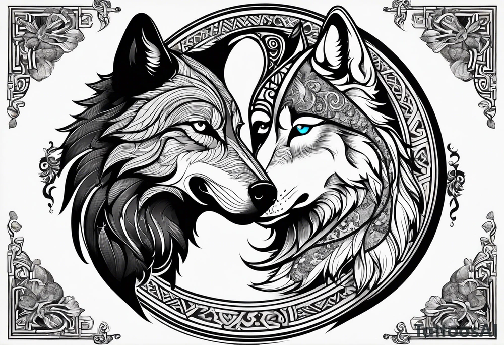black wolf and white wolf in a ying yang style tattoo idea
