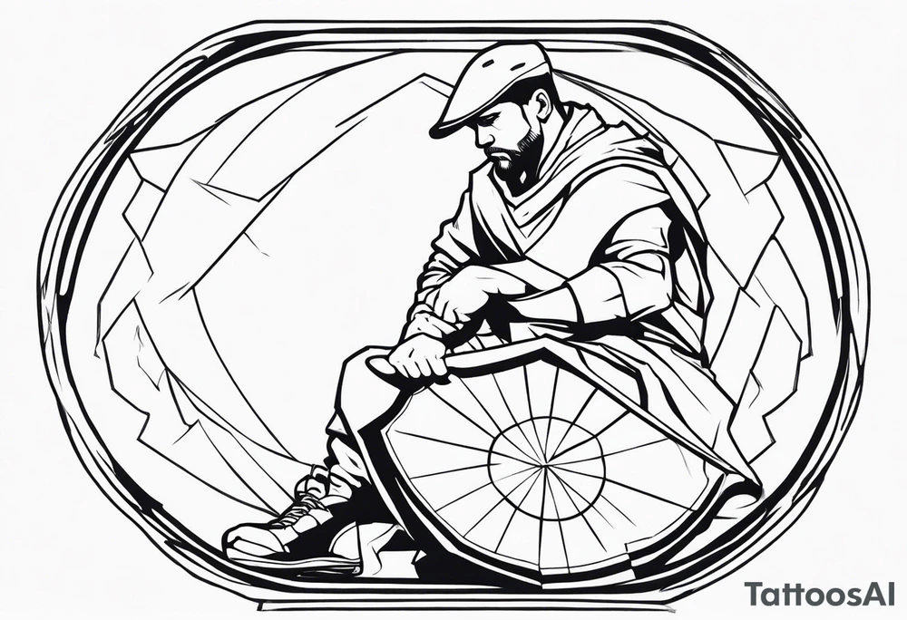 man crouched holding shield tattoo idea