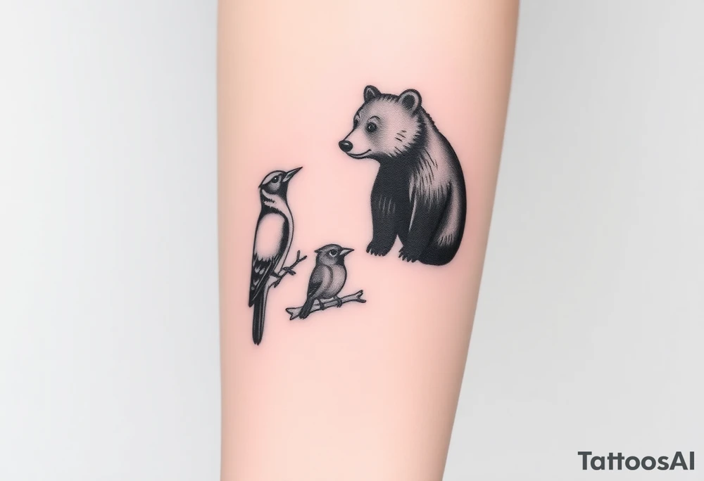 A bear, woodpecker and cardinal tattoo idea