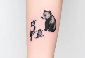 A bear, woodpecker and cardinal tattoo idea