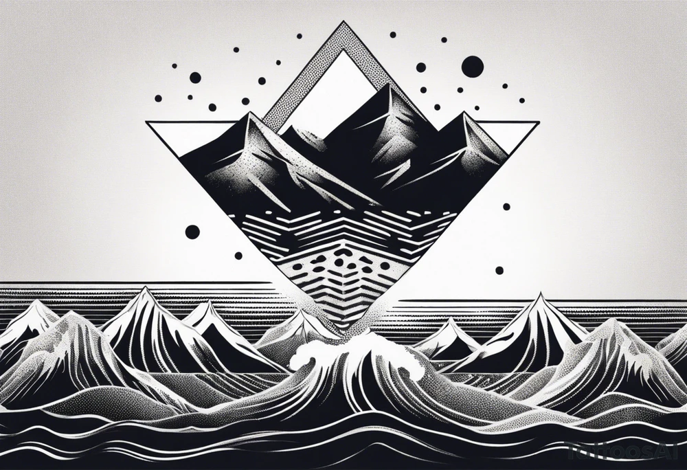 Mountains and ocean waves crashing diamond shape tattoo idea