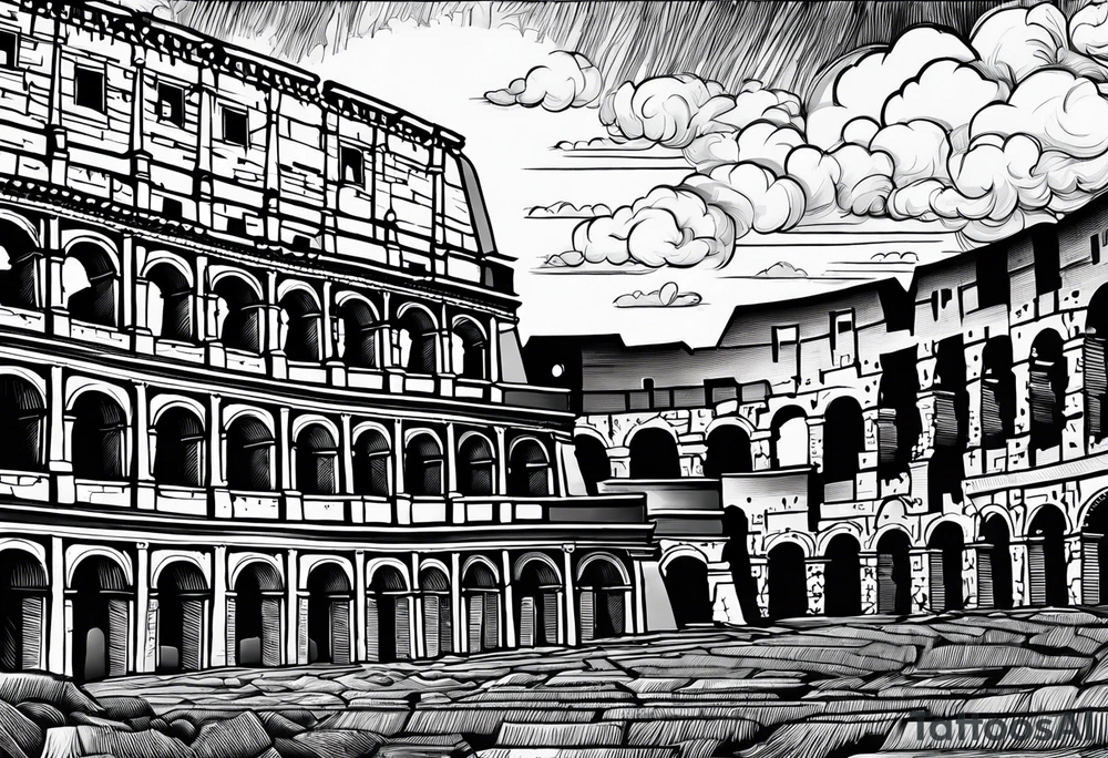 Roman colosseum with clouds tattoo idea