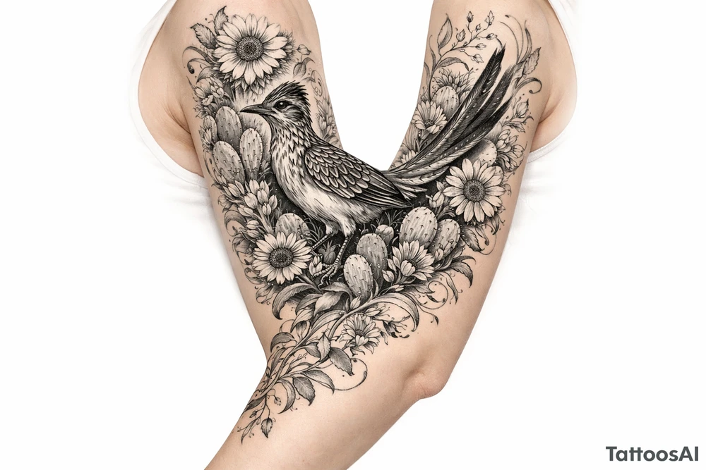 Medium size roadrunner with long tail feathers surrounded by cactus and wildflowers including sunflowers and Indian paint brush flowers from shoulder onto hand with vines and flowers tattoo idea
