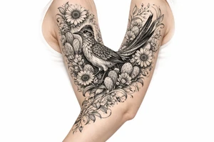 Medium size roadrunner with long tail feathers surrounded by cactus and wildflowers including sunflowers and Indian paint brush flowers from shoulder onto hand with vines and flowers tattoo idea