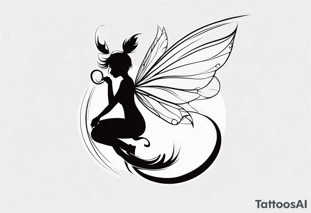 A fairy with a tail inspired by the logo of the show called Fairy Tail in a fetal position leaning in tattoo idea
