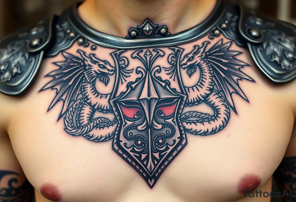 A close-up of an ornate Templar knight’s breastplate, with detailed engravings of dragons tattoo idea