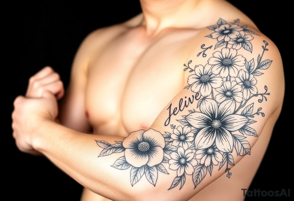 shoulder and three quarter sleeve.  Include crow, honey bee, dandelion puffball, daisy, poppy flower, hawaii flower, dragon flower, the word believe, sprite fairy, dog wood flower, dates: 01/20/85, 5/31/91, 6/10/99, surrounded by floral ornaments and leaves tattoo idea
